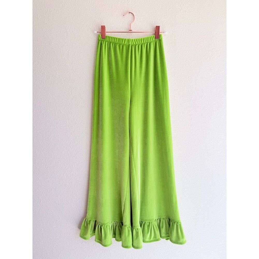 K.S. Garner Kiwi Green Luna Bottoms Velvet Cropped Pants with Ruffle Hem XXS